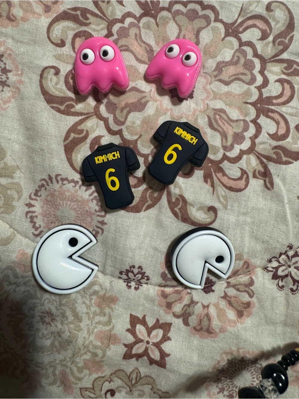 Black 'Kimmich 6' Jersey Croc Charms with Pink Ghost & White Pac-Man Charms